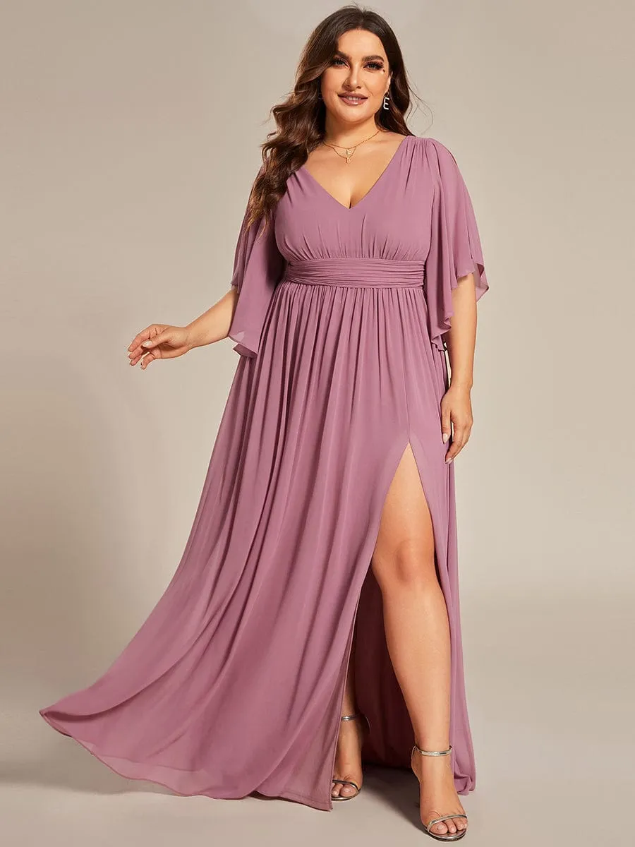 Half Sleeve V-Neck Pleated High Slit A-Line Chiffon Bridesmaid Dress