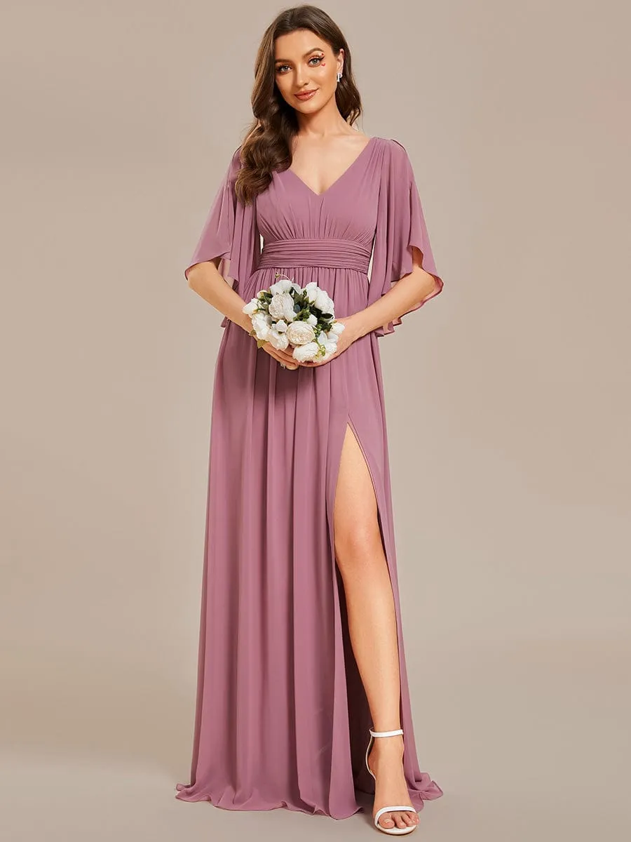 Half Sleeve V-Neck Pleated High Slit A-Line Chiffon Bridesmaid Dress