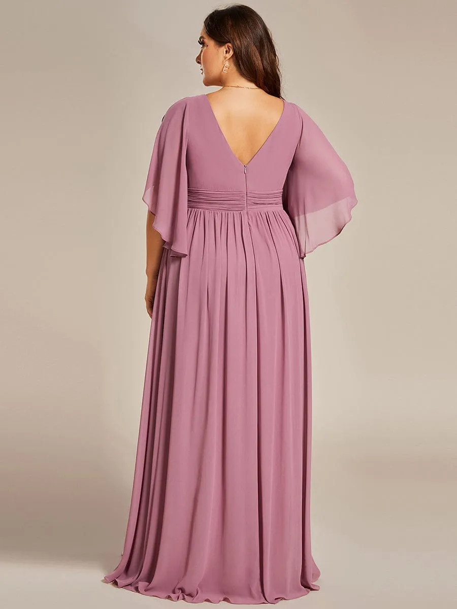 Half Sleeve V-Neck Pleated High Slit A-Line Chiffon Bridesmaid Dress