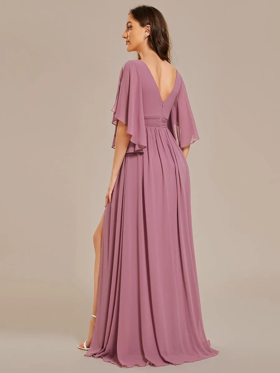 Half Sleeve V-Neck Pleated High Slit A-Line Chiffon Bridesmaid Dress