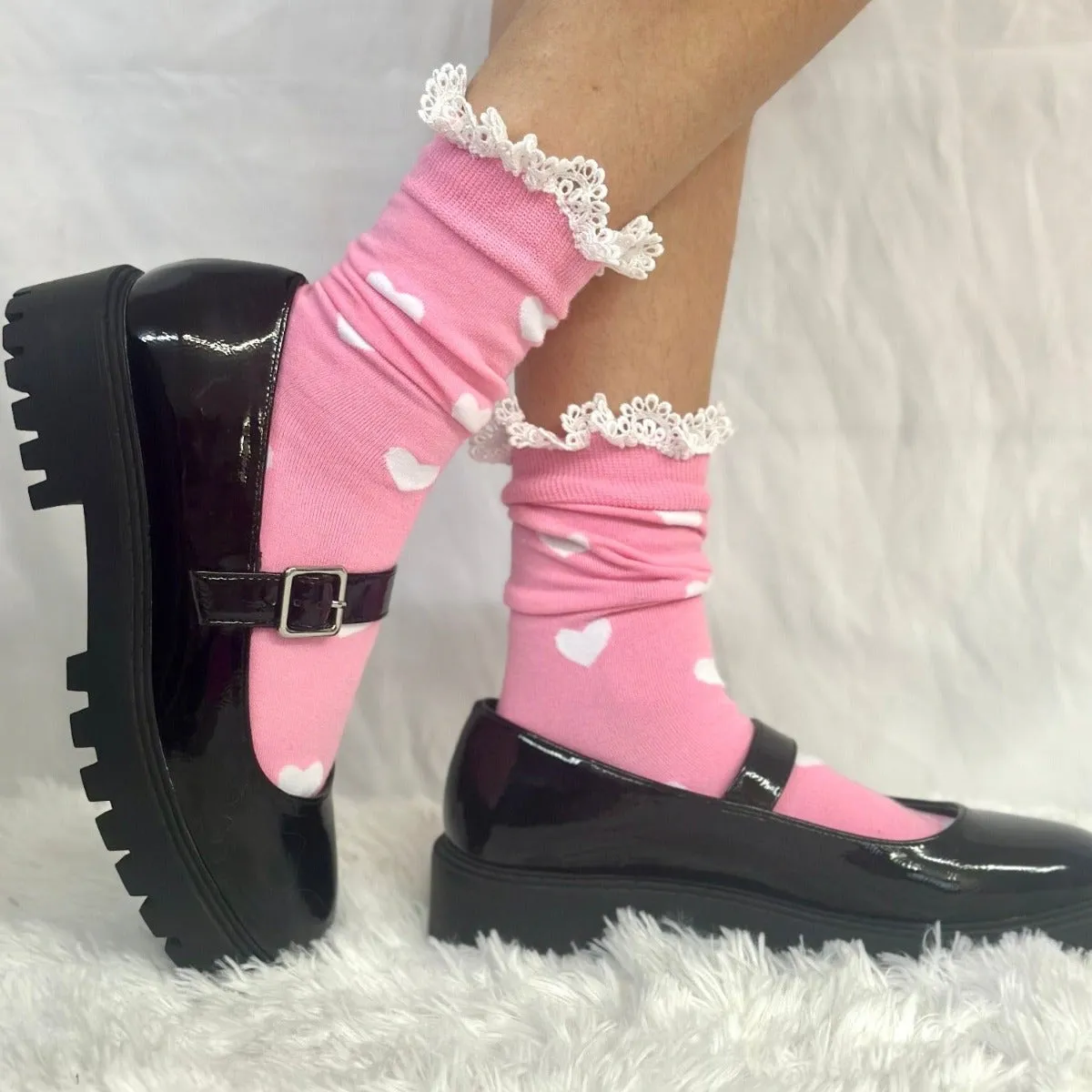 HEARTS DELIGHT  lace top heart ankle sock - pink