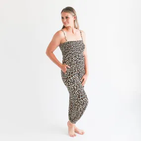 Lana Leopard Tan Women's Sleeveless Smocked Jumpsuit