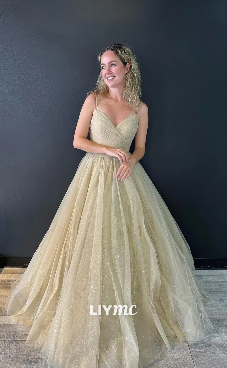 LP1159 - A Line V neck Tulle Draped Long Formal Prom Dress