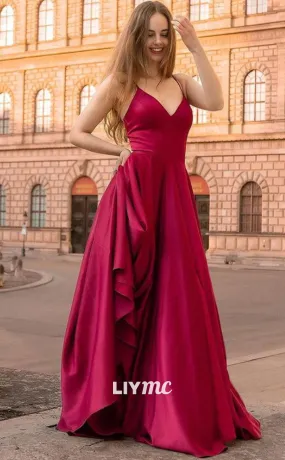 LP1893 - V-Neck Spaghetti Straps Sleeveless Simple Sleek Satin Prom Dress