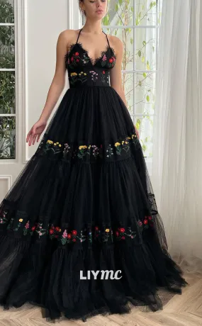 LP2194 - Halter V-Neck Sleeveless Tulle A-Line Ball Gown Prom Dress