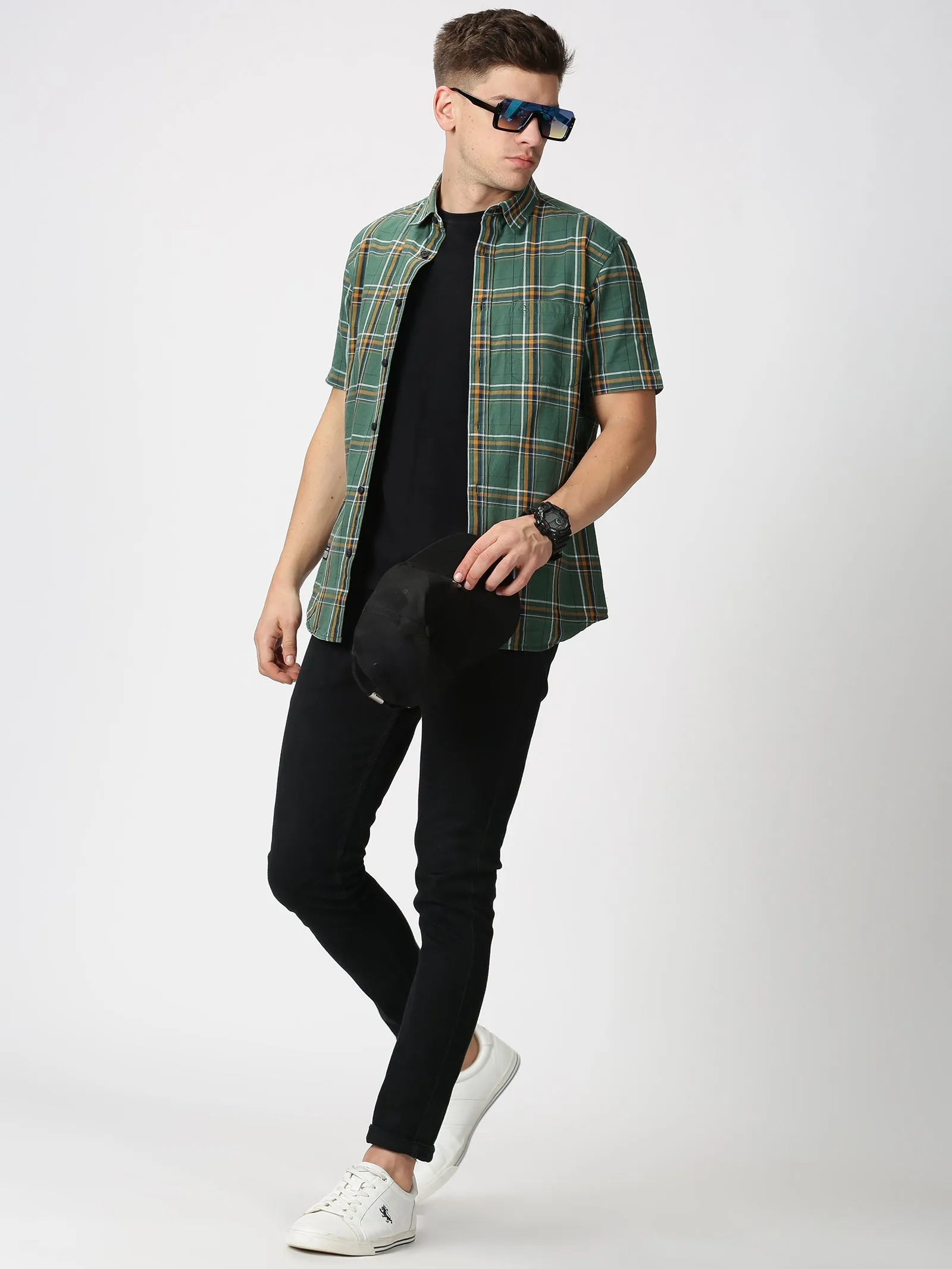 MEN'S GREEN CHECKS SLIM FIT SHIRT