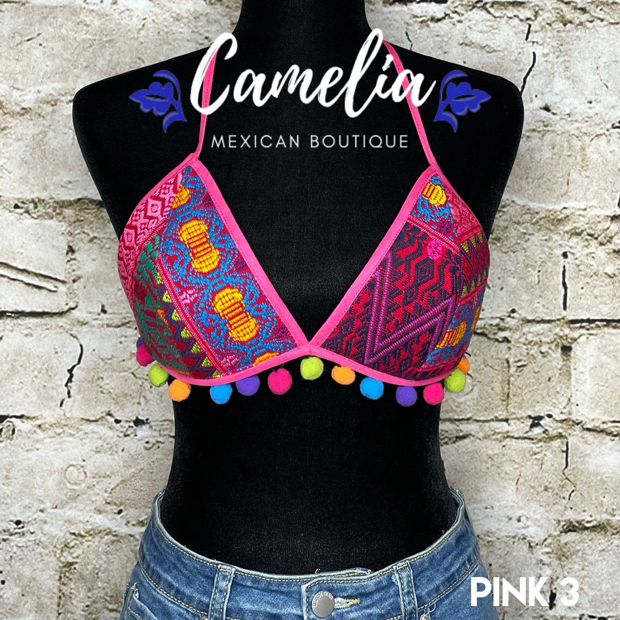 Mexican Embroidered Bikini Top with Poms - SAN ANDRES