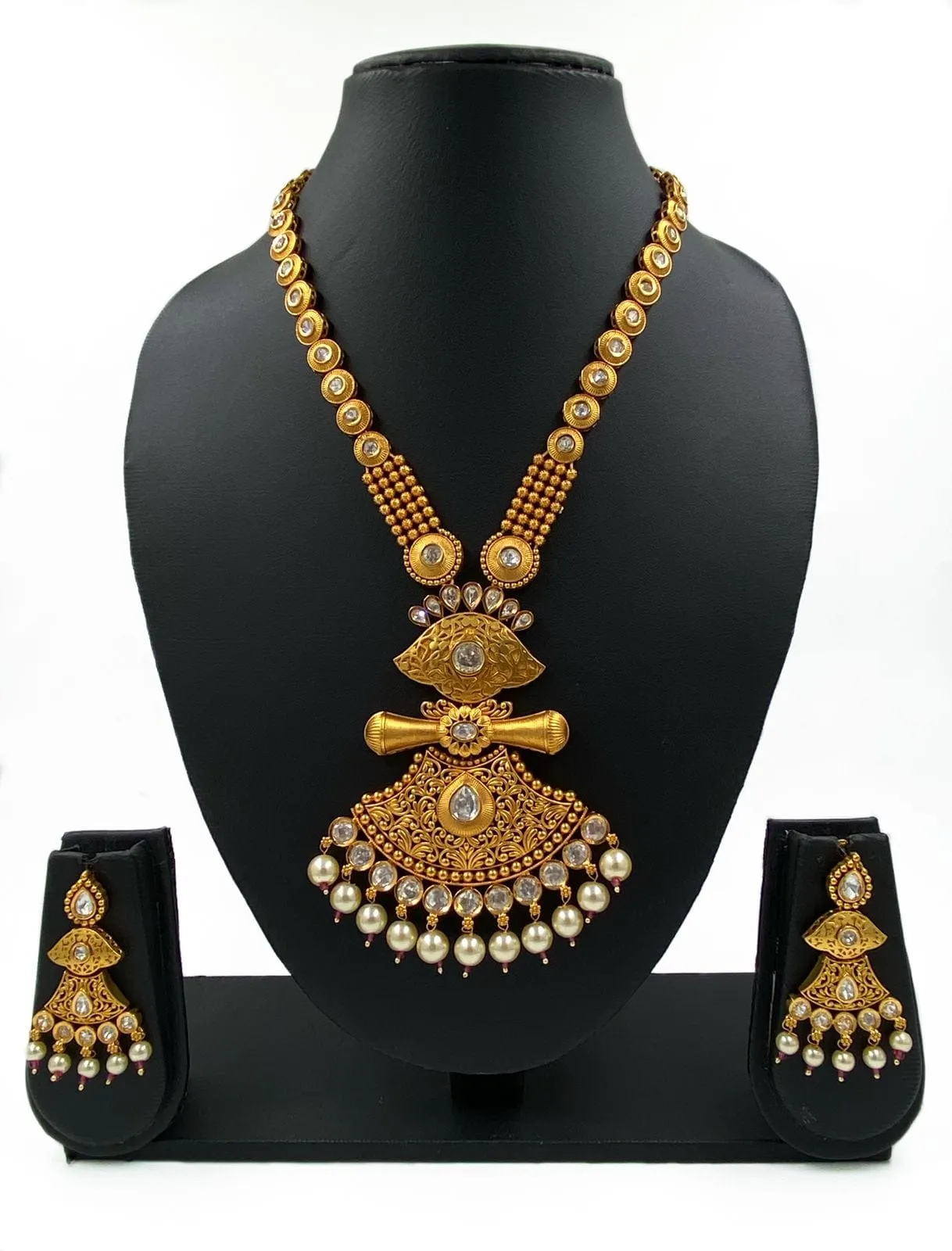 Modern Look Studded Kundan Stones Long Golden Necklace Set By Gehna Shop