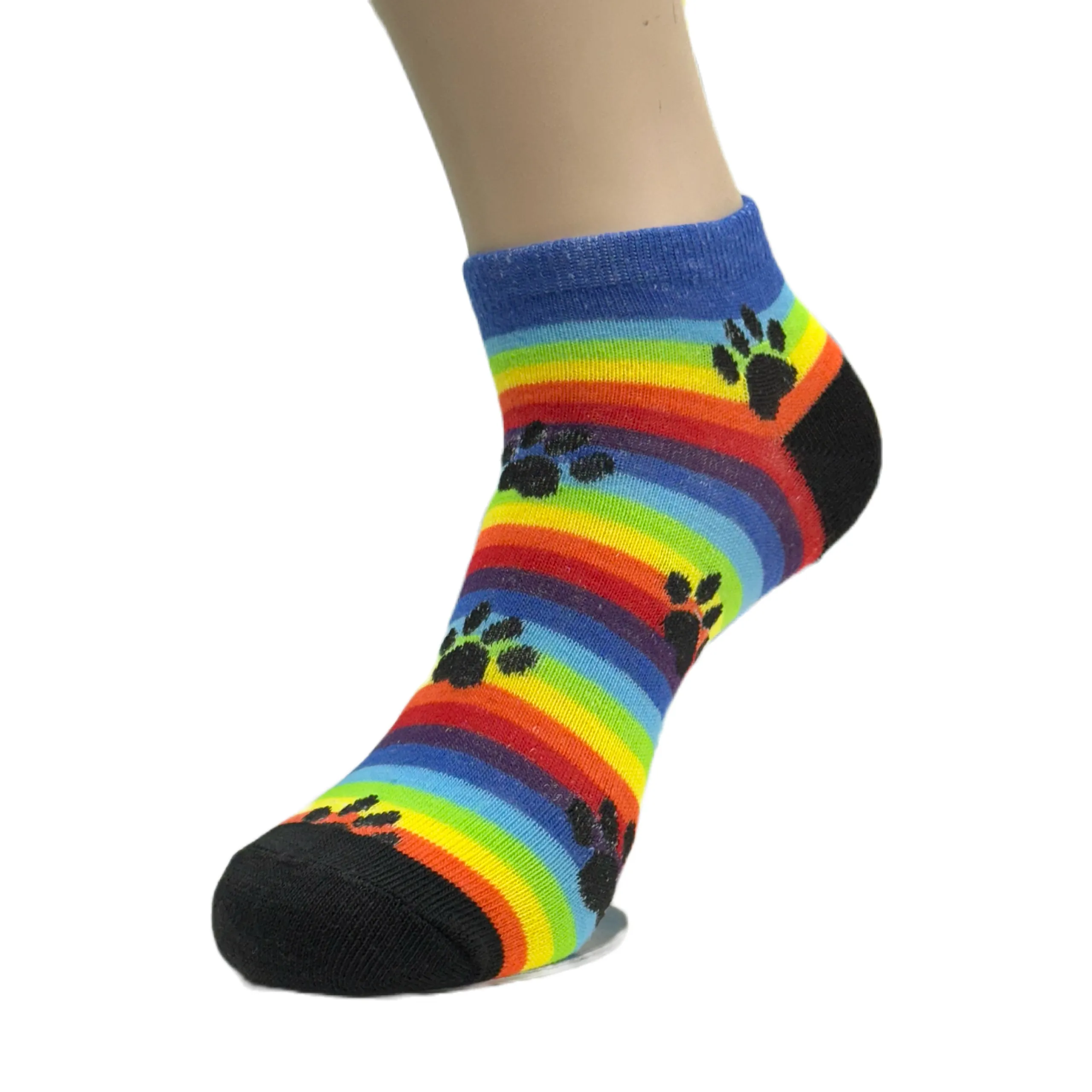 Rainbow Striped with Animal Paw Prints Ankle Socks (Adult Medium - Women's Shoe Sizes 5-10)