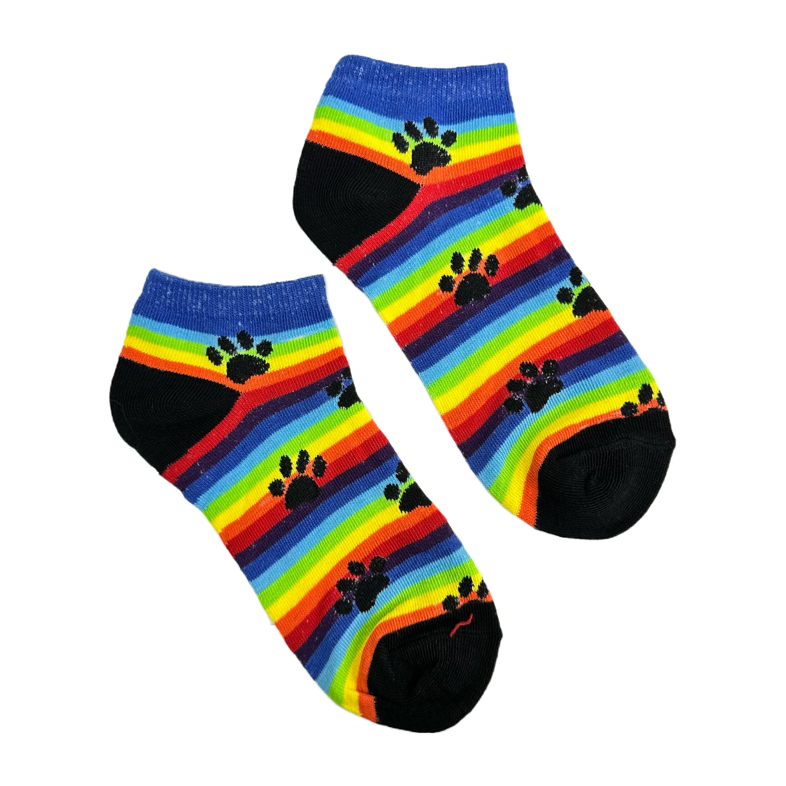 Rainbow Striped with Animal Paw Prints Ankle Socks (Adult Medium - Women's Shoe Sizes 5-10)