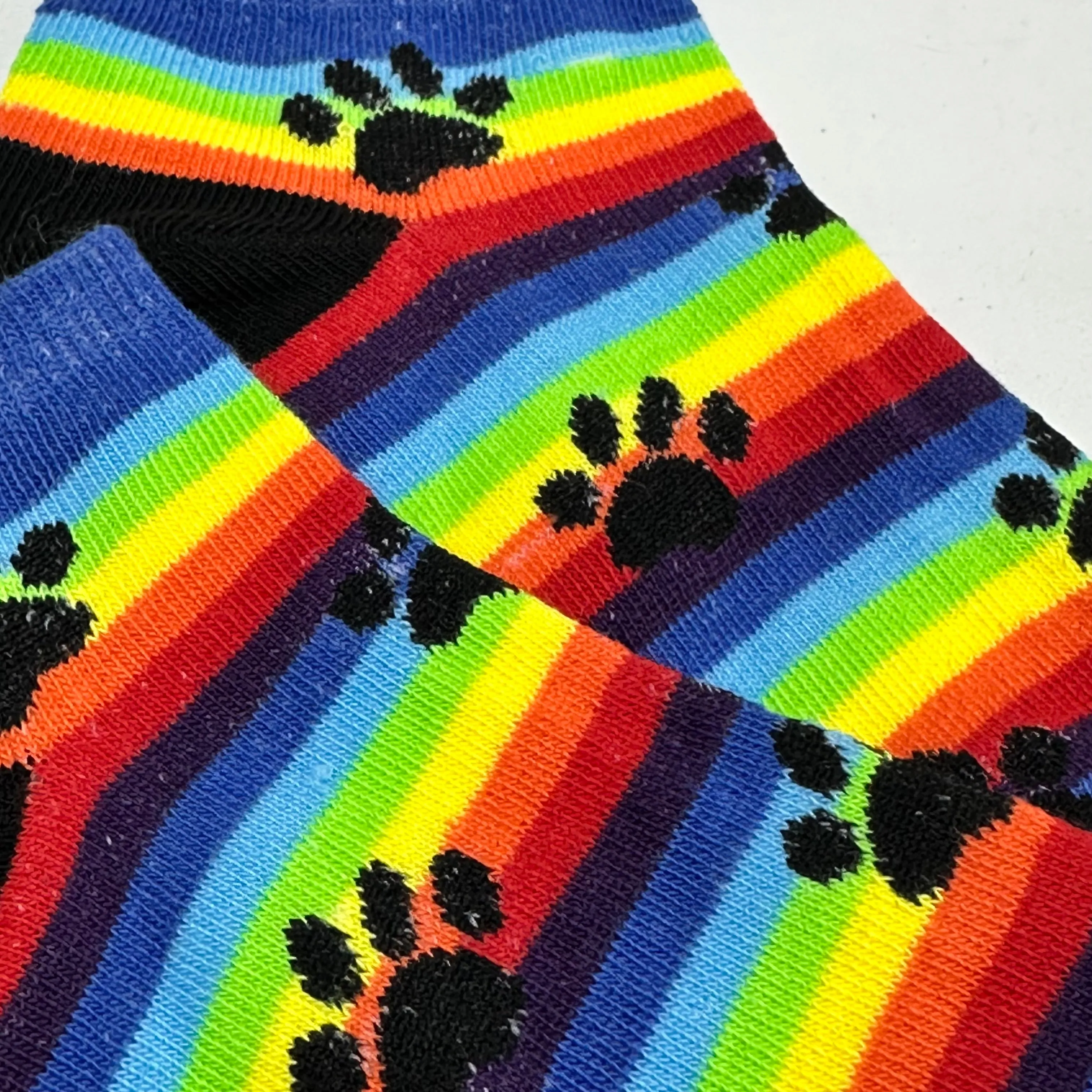 Rainbow Striped with Animal Paw Prints Ankle Socks (Adult Medium - Women's Shoe Sizes 5-10)