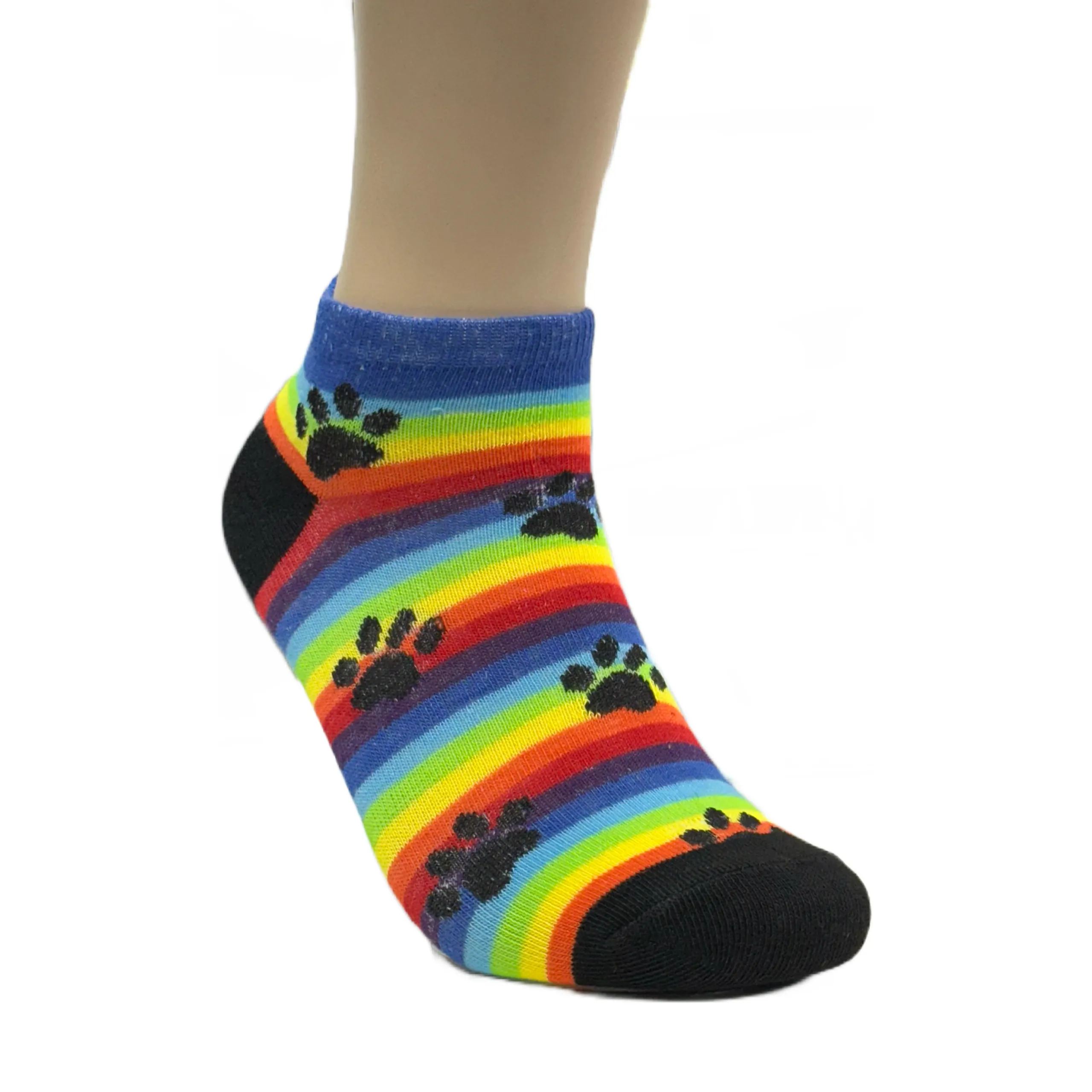 Rainbow Striped with Animal Paw Prints Ankle Socks (Adult Medium - Women's Shoe Sizes 5-10)