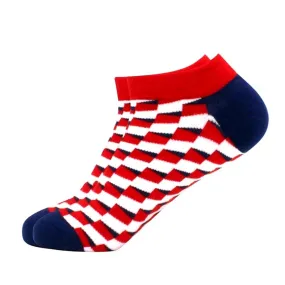 Red, White Blue 3D Cubed Patterned Ankle Socks (Adult Large - Men's Shoe Sizes 8-12)