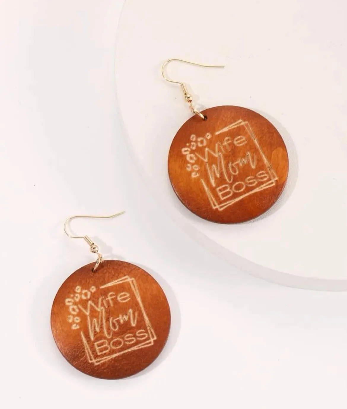 Round Wooden "Wife, Mom, Boss" Earrings