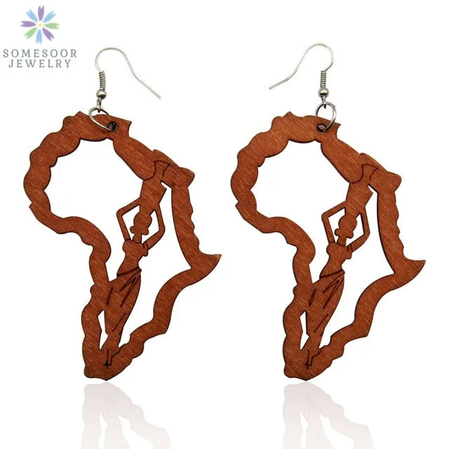 SOMESOOR Laser Engraved Afro Wooden Drop Handmade Earrings