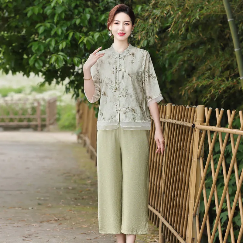 Summer Mom Wear Suit Western Style Half Sleeve Shirt Middle-Aged and Elderly Women's Clothing Summer New Chinese Style National Style Cotton and Linen Two-Piece Suit