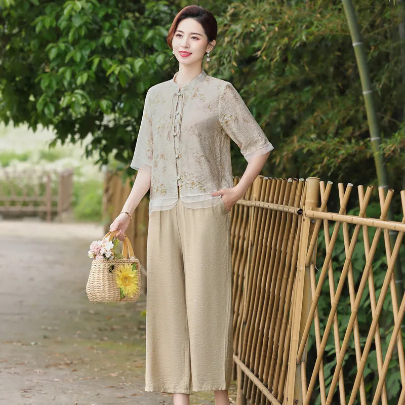 Summer Mom Wear Suit Western Style Half Sleeve Shirt Middle-Aged and Elderly Women's Clothing Summer New Chinese Style National Style Cotton and Linen Two-Piece Suit