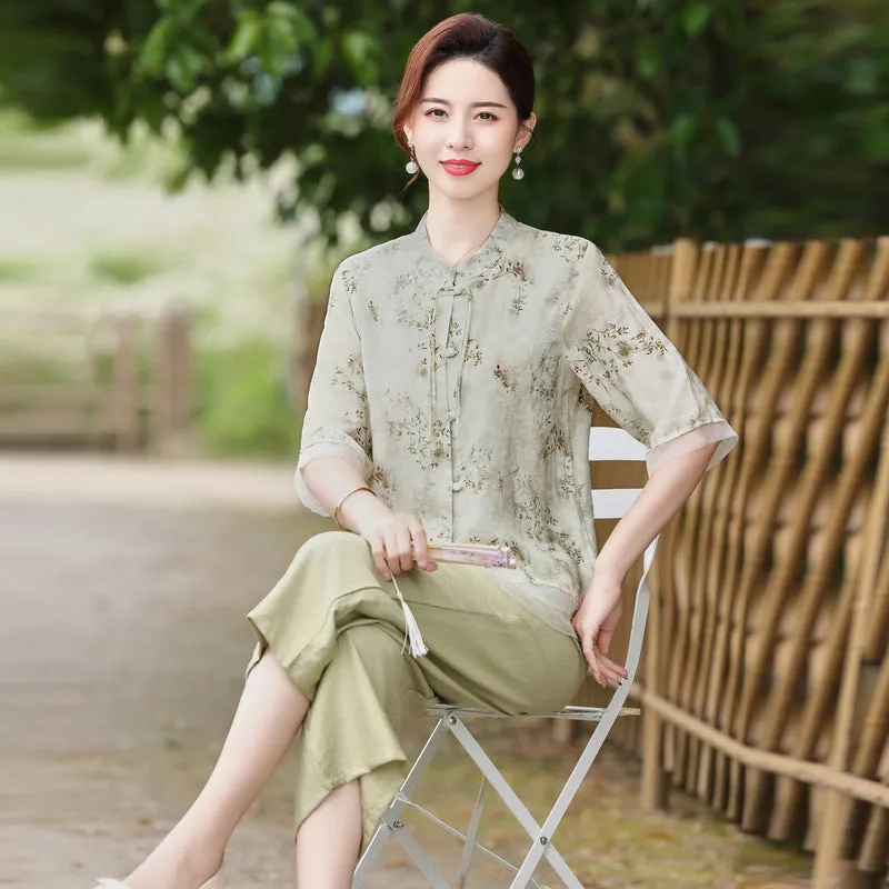 Summer Mom Wear Suit Western Style Half Sleeve Shirt Middle-Aged and Elderly Women's Clothing Summer New Chinese Style National Style Cotton and Linen Two-Piece Suit