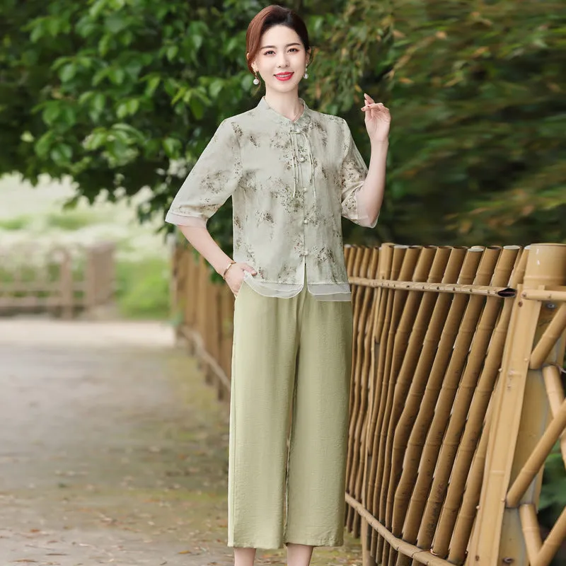 Summer Mom Wear Suit Western Style Half Sleeve Shirt Middle-Aged and Elderly Women's Clothing Summer New Chinese Style National Style Cotton and Linen Two-Piece Suit