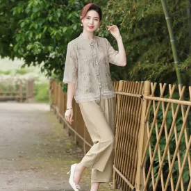 Summer Mom Wear Suit Western Style Half Sleeve Shirt Middle-Aged and Elderly Women's Clothing Summer New Chinese Style National Style Cotton and Linen Two-Piece Suit