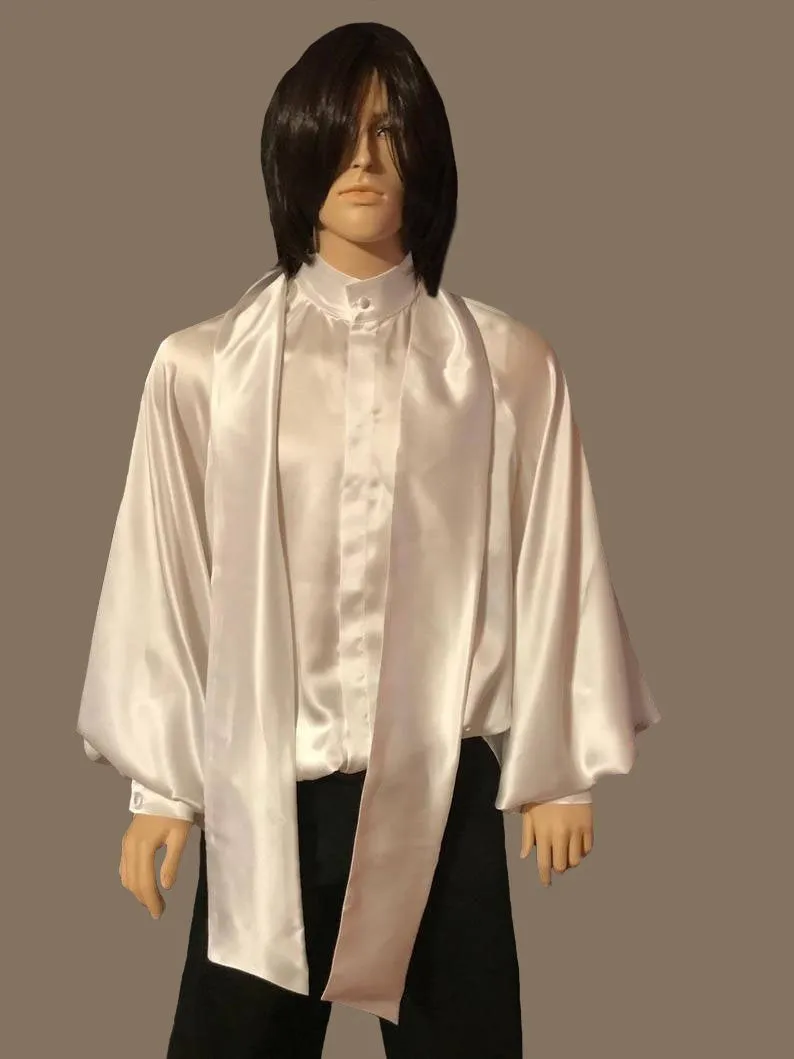 White Banded Collar Silk Charmeuse Raglan Shirt in Sizes S M L XL 2XL 3XL